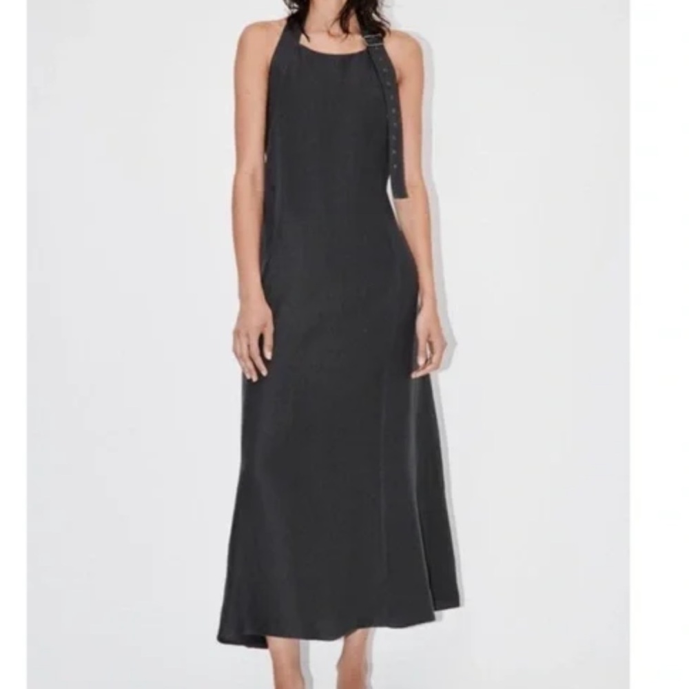 ZARA 100% Linen Halter Midi Dress Grey Medium Bloggers Favorite Coastal Beach